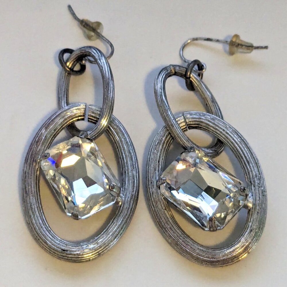 GRAZIANO Silver Tone Large Clear Faceted Crystal Oval Dangle Pierced Earrings